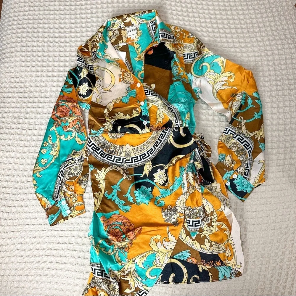 Women Baroque Print Muliti Patterned Button Down Mini Wrap Tied Stain Dress